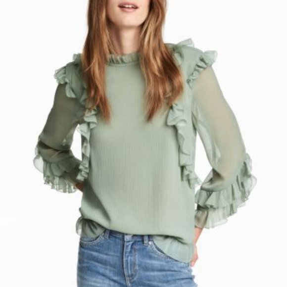 Double-layered Ruffle Chiffon Blouse in Dusky Green - Picture 1 of 5